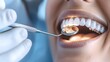 © Alpha - A dentist carefully examining a patient's teeth on a modern dental bed, surrounded by sleek equipment and a bright clinical environment