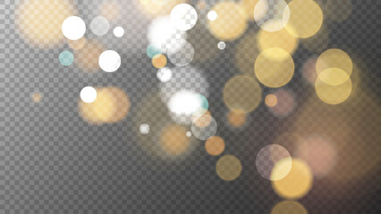 Poster - Vibrant festive bokeh lights. Abstract blurred overlay design. Bright blur light effect. Transparent background. Vector illustration.
