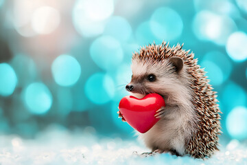 Valentine's day cute small hedgehog hold heart. Realistic photo style love romantic Valentine's day concept