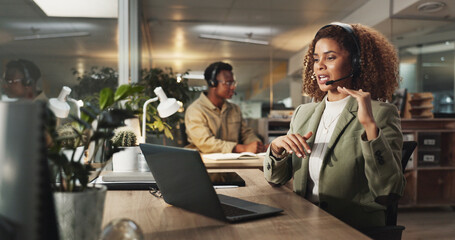 Poster - Woman, call center agent and laptop for help, support and business advice. Help, insurance consultant and employee with computer for customer service, talking and explain steps at night on deadline
