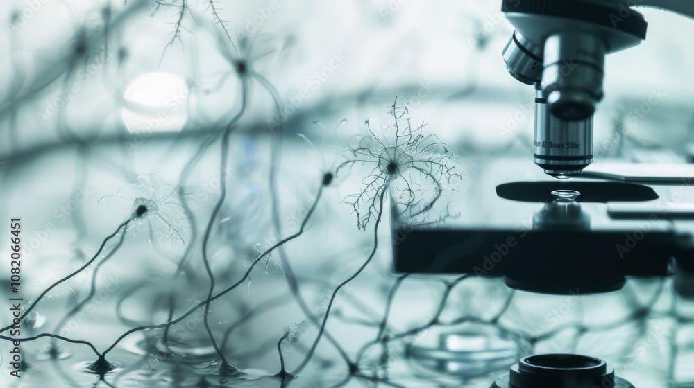 Close-up of a microscope focusing on a petri dish with various types of ...