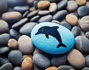 Wall Mural - A black stone painted with a black dolphin design is surrounded by multicolored smooth pebbles.