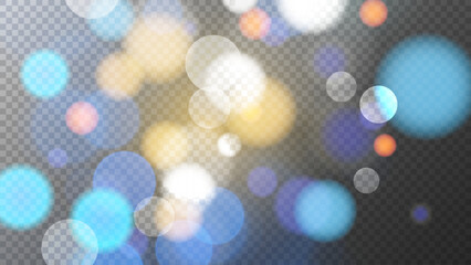 Poster - Vibrant festive bokeh lights. Transparent background. Abstract blurred overlay design. Bright blur light effect. Vector illustration.
