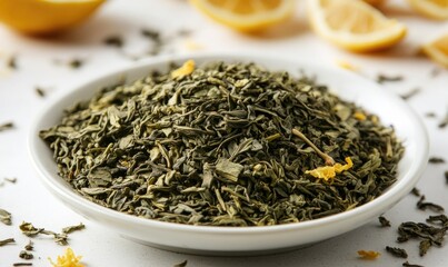 Poster - A white bowl with green tea leaves and a lemon slice