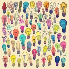 Wall Mural - Graffiti light bulbs, lamp icon silhouettes set, light bulbs isolated, sketched bulbs, creative ideas