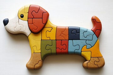 Wooden doggie-shaped puzzle toy for kids, isolated on a transparent background. Generative AI