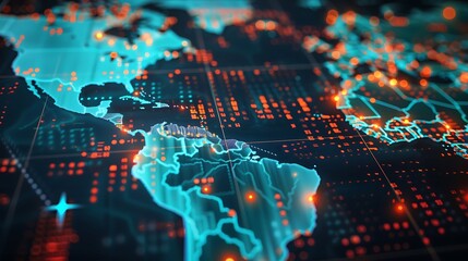 A close-up of a digital world map on a computer screen, with glowing dots marking global cities.