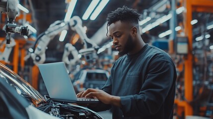 Poster - A young man works on a car in a factory, using a laptop to monitor the process.