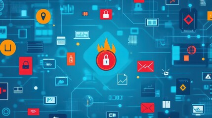 Poster - Data breach alert with fire symbols, cybersecurity risk, flat design illustration