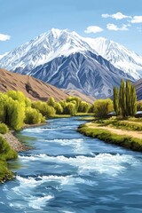 Wall Mural - A peaceful mountain river meanders through green valleys, surrounded by trees and majestic snow-covered mountains under a bright blue sky