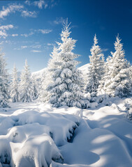 Aufkleber - Vivid and fantastic snowy conifers covered with hoarfrost on a frosty day.