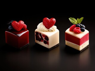 Wall Mural - Heart-shaped gourmet mousse cakes with glossy finishes and edible garnishes, creating a striking centerpiece