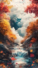 Wall Mural - A tranquil mountain river flows through colorful autumn trees, with fallen leaves swirling around and clouds drifting in the sky overhead