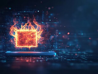 Poster - Firewall symbol with glowing flames, network security, flat design illustration