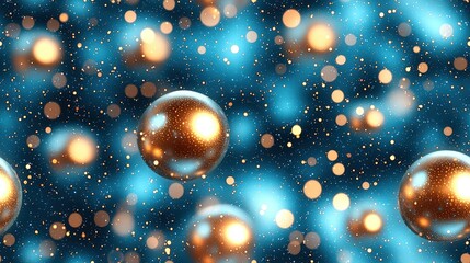 Abstract gold and blue bokeh with floating spheres for modern design