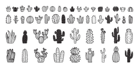 Wall Mural - Hand drawn cactus icons. cacti doodle set. Cute sketch cactus collection.