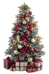 Wall Mural - Beautifully decorated Christmas tree with red and gold ornaments and wrapped gifts under the tree in a festive holiday setting