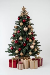 Wall Mural - A beautifully decorated Christmas tree with red and gold ornaments and wrapped gifts under it, set against a white background