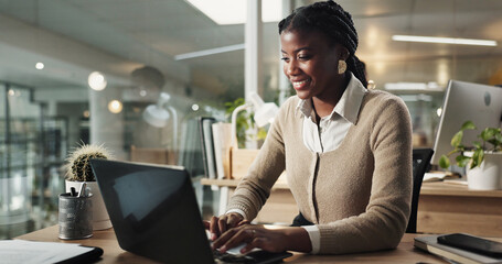 Poster - Black woman, laptop and news communication in office, email client and online to update website. Female person, journalist and chat to contact for quote in workplace, night and reporter for article
