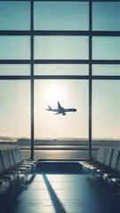 Poster - Quiet airport lounge with empty seats by large windows, view of runway as sun rises, airplane taking off in distance symbolizing new beginnings