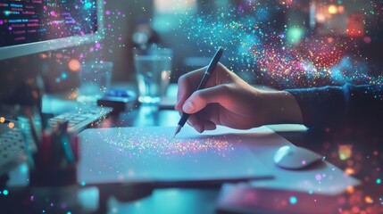 A hand draws a glowing line on a tablet with a pen, surrounded by colorful digital particles.