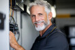 © Dina - Electrician working on electrical panel with cables, smiling confidently at the camera.