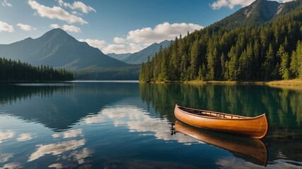 Naklejka na meble The wooden canoe boat is parked next to a lake with calm water and the reflection of the boat with beautiful landscape views such as mountains and pine forests