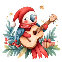 Wall Mural - A colorful parrot is holding a guitar and wearing a red hat