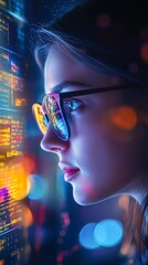 Wall Mural - futuristic profile of a woman wearing glasses reflecting colorful data streams, symbolizing digital 