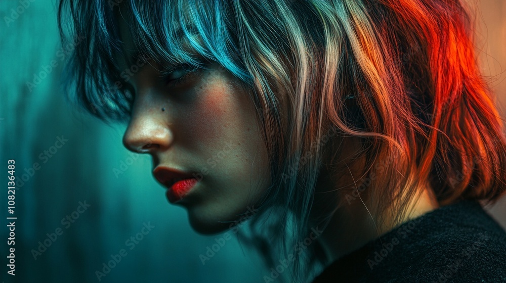 Vibrant profile portrait showcasing dramatic lighting: teal background ...