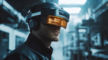 Fototapete - A man wearing a futuristic headset in a factory setting, looking ahead with a serious expression.