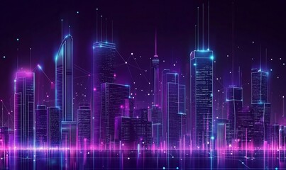 Fototapete - A neon-lit cityscape with a futuristic feel, showcasing the interconnectedness of technology in a modern metropolis.
