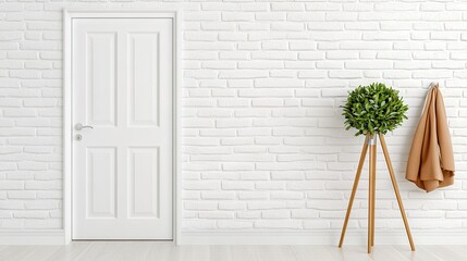 Wall Mural - A modern entrance hall featuring a white door and stylish coat rack against a textured brick wall, vibrant and inviting setting