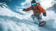 © FU - A snowboarder in vibrant red gear performing an aerial trick on a snow-covered halfpipe against a bright blue sky, showcasing skill, athleticism, and the thrill of extreme winter sports. The dynamic p