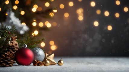 Decorated Christmas tree with baubles and ornaments in a snowy winter setting