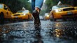 © SuriyaPhoto - Person walking in rainy city street with taxis in background , isolated on white background,  , copy space, copy space for text,