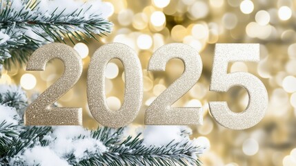 Wall Mural - Sparkling golden 2025 numbers with snow-covered pine branches and festive bokeh lights