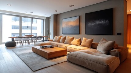 Wall Mural - A living room with a large light brown sofa, a wooden table and additional chairs. The walls are decorated with modern art, creating a friendly and warm atmosphere.