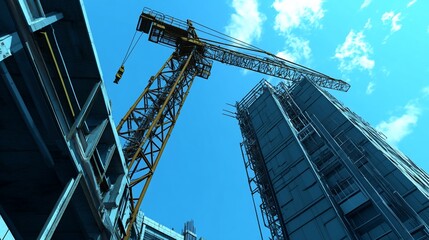 Wall Mural - low-angle view of a construction crane and a high-rise building under construction against a bright 
