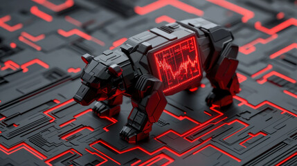 Stock decline concept. futuristic bear sculpture with glowing red display on circuit board background