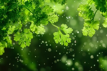 Wall Mural - Fresh Green Coriander Leaves Floating in Air with Rain Drops