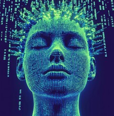 abstract technology background with binary code and 3d face mask