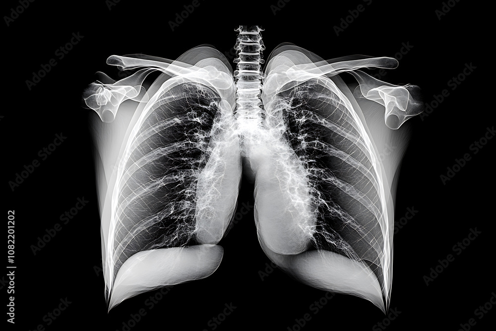 X-ray image of the chest, showing clear details of the rib cage, lungs ...
