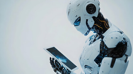 Wall Mural - Advanced Robotic Figure Examining Data on Tablet, Futuristic 3D Render, White Background