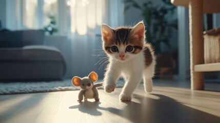 Wall Mural - Cute kitten plays with small toy mouse in bright, cozy room, capturing the joy of pet companionship and playful moments during leisure time indoors