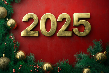 Wall Mural - golden numbers 2025 with New Year decorations on a red background