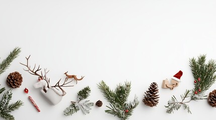 Wall Mural - A reindeer figurine, a deer, pine branches, pine cones, and a Santa ornament are arranged on a white background