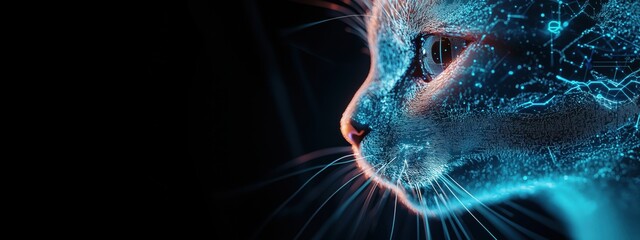 Wall Mural - digital cat profile with glowing circuitry, futuristic design, intricate details, blue neon light, t