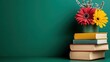 © ACE STEEL D - Stack of Books with Flowers on a Green Background