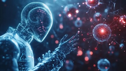A futuristic robot reaches out to a glowing red virus cell in a blue, digital space.